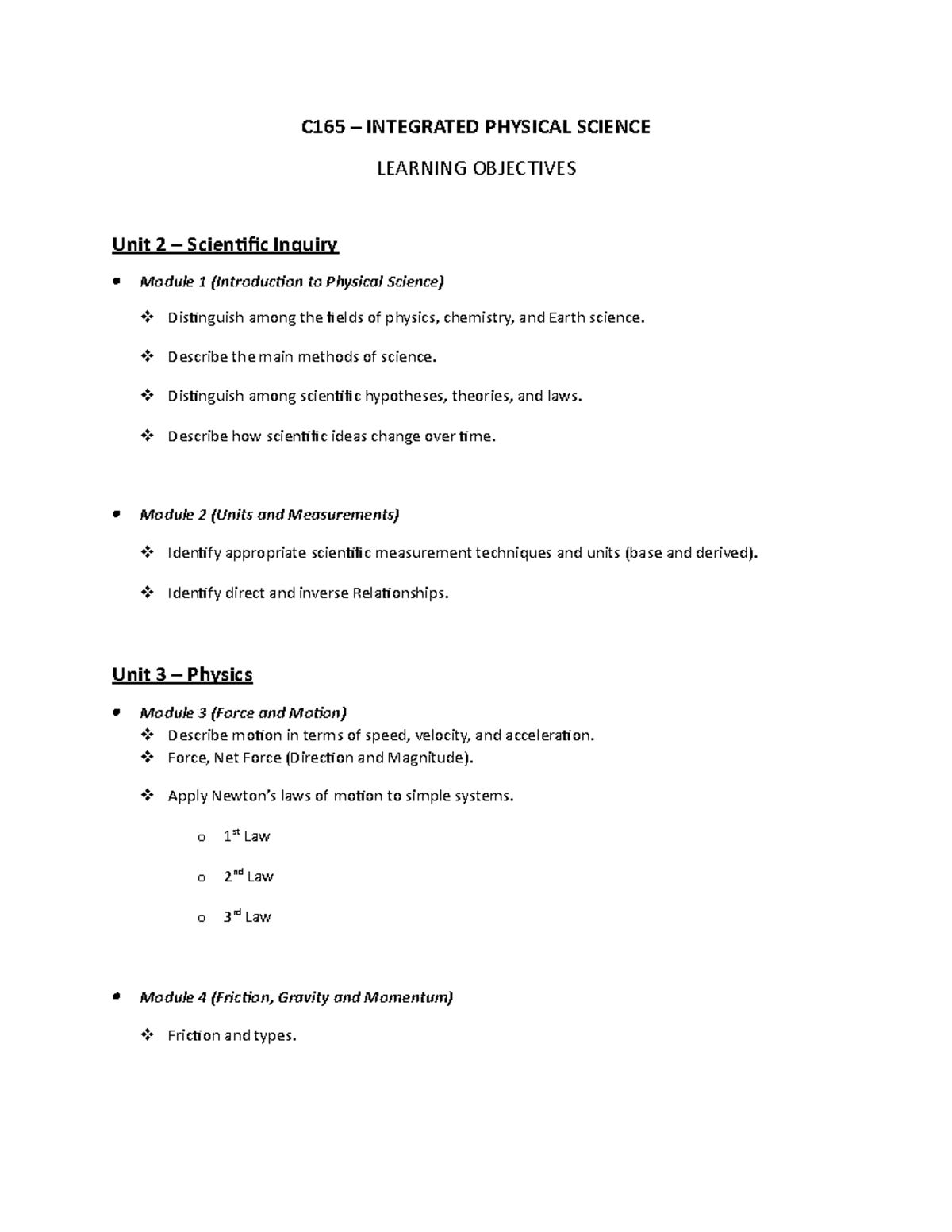 C165 Integrated Physical Science Learning Objectives and Modules - Studocu