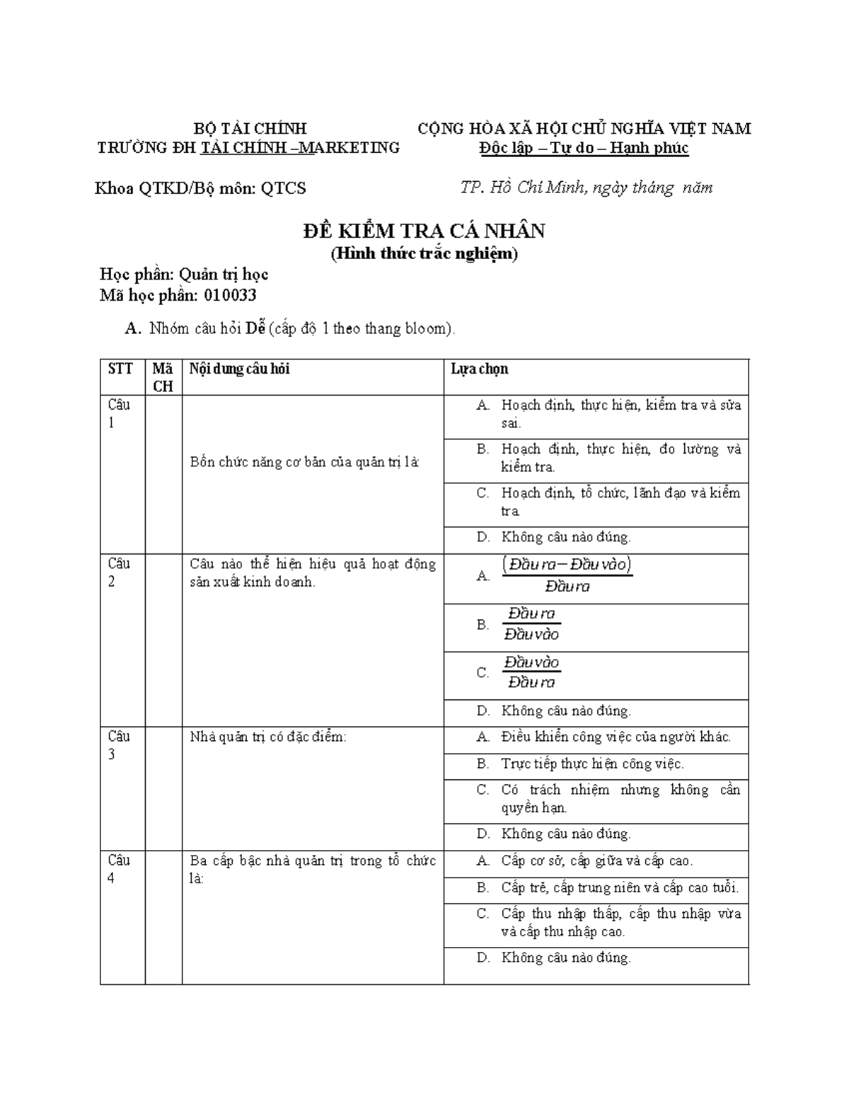 ĐỀ SỐ 1 QTH TRẮC NGHIỆM kĩ file đáp án là file pdf chữ in đậm hếtdocx ...