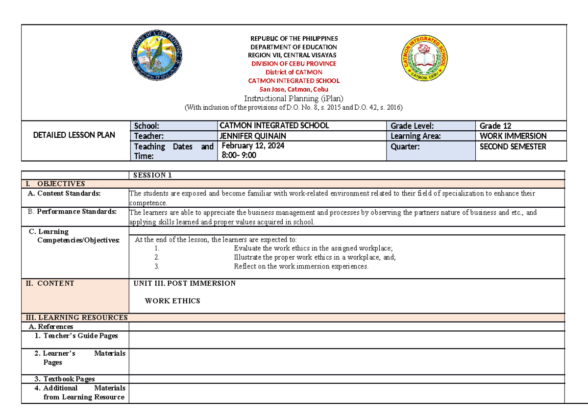 Lp co2 sample dlp - DAILY LESSON PLAN - REPUBLIC OF THE PHILIPPINES ...