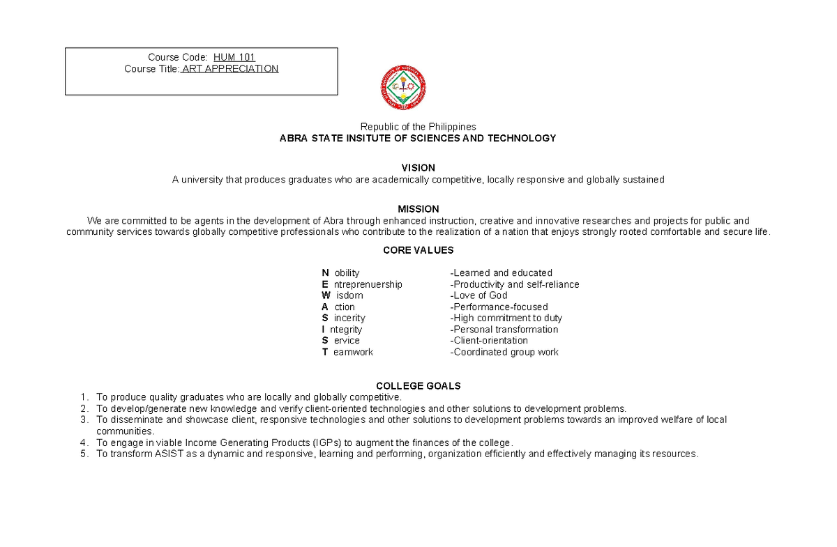 HUM 101 - Art Appreciation Course Syllabus and Learning Outcomes - Studocu