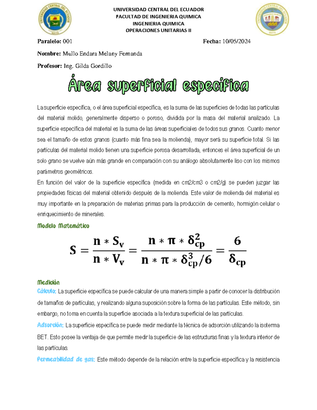 Operaciones Unitarias II: Área Superficial Específica y Métodos de ...