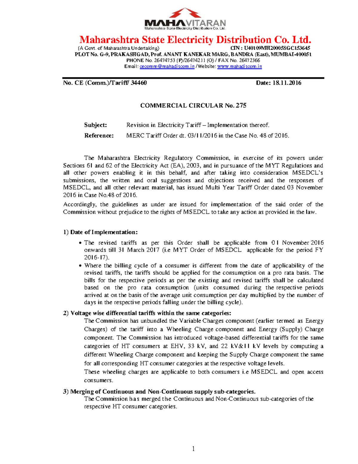 Comm Cir 275: Revised Electricity Tariff Guidelines (MSEDCL) - Studocu