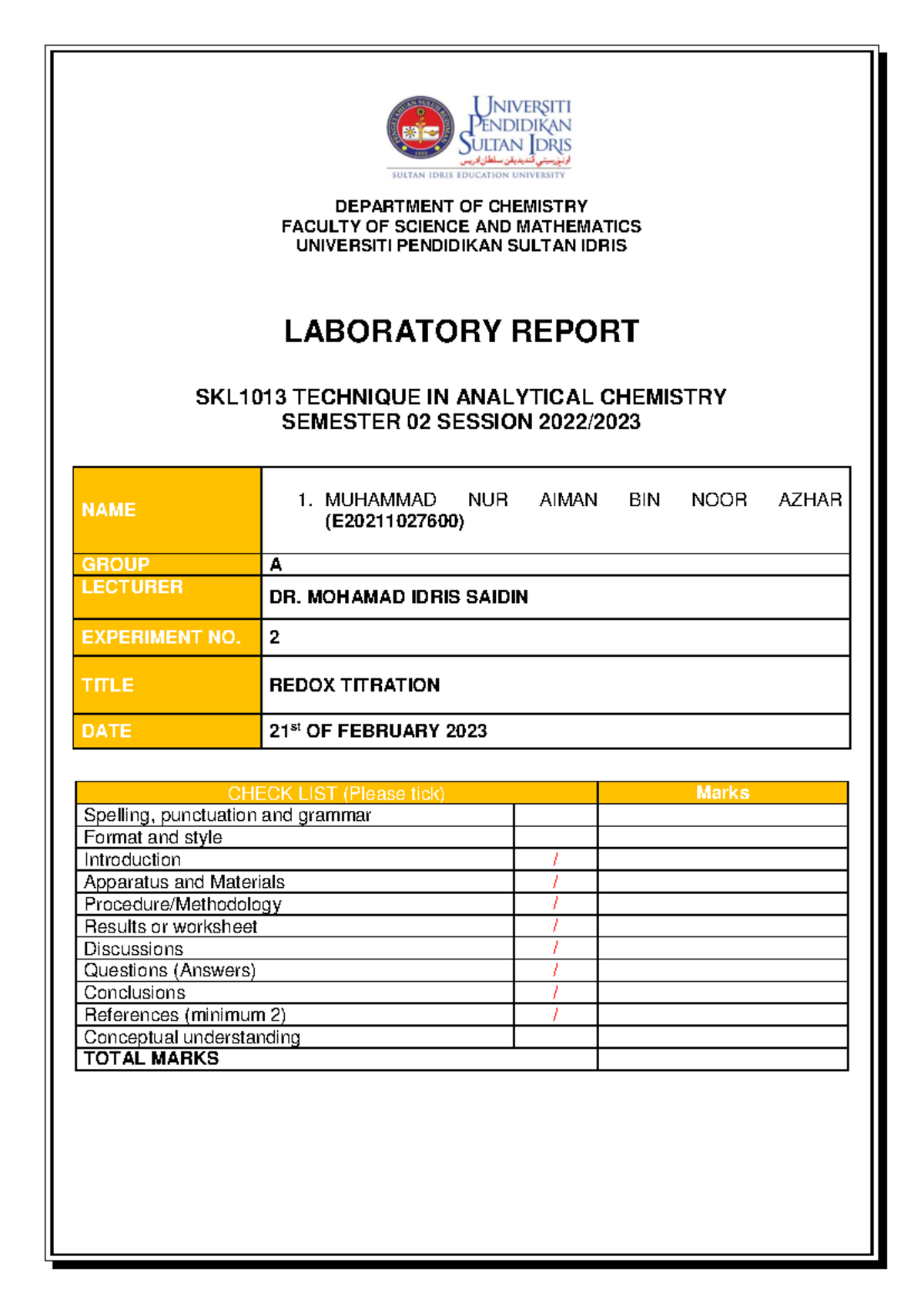 SKL1013 Lab Report 2: Redox Titration Experiment Analysis - Studocu