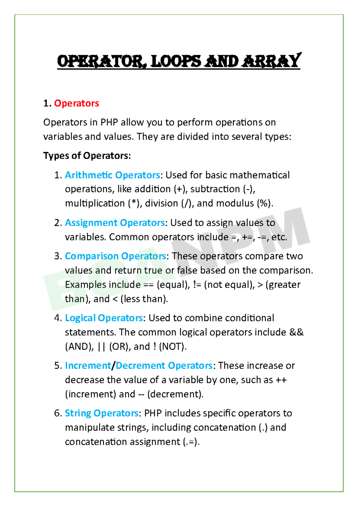 2-Operator, Loops and Array - OperatOr, LOOps and array Operators ...