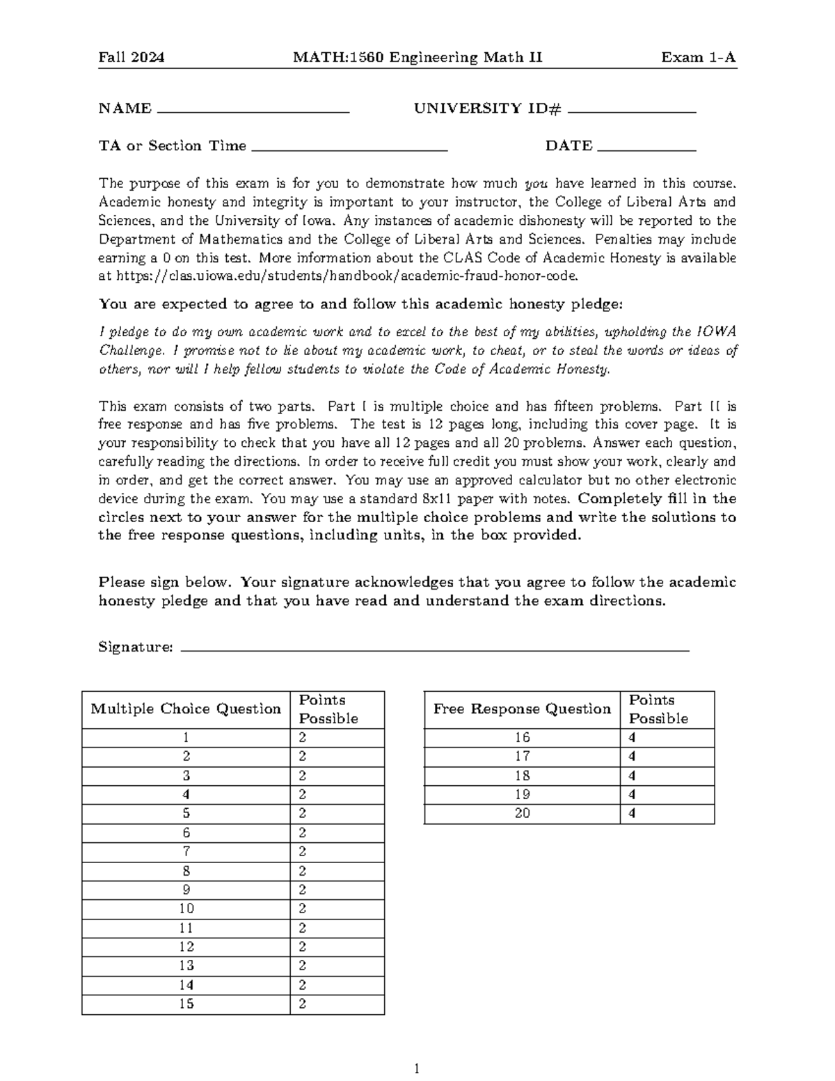 Fall 2024 MATH:1560 Engineering Math II Final Exam Instructions and ...