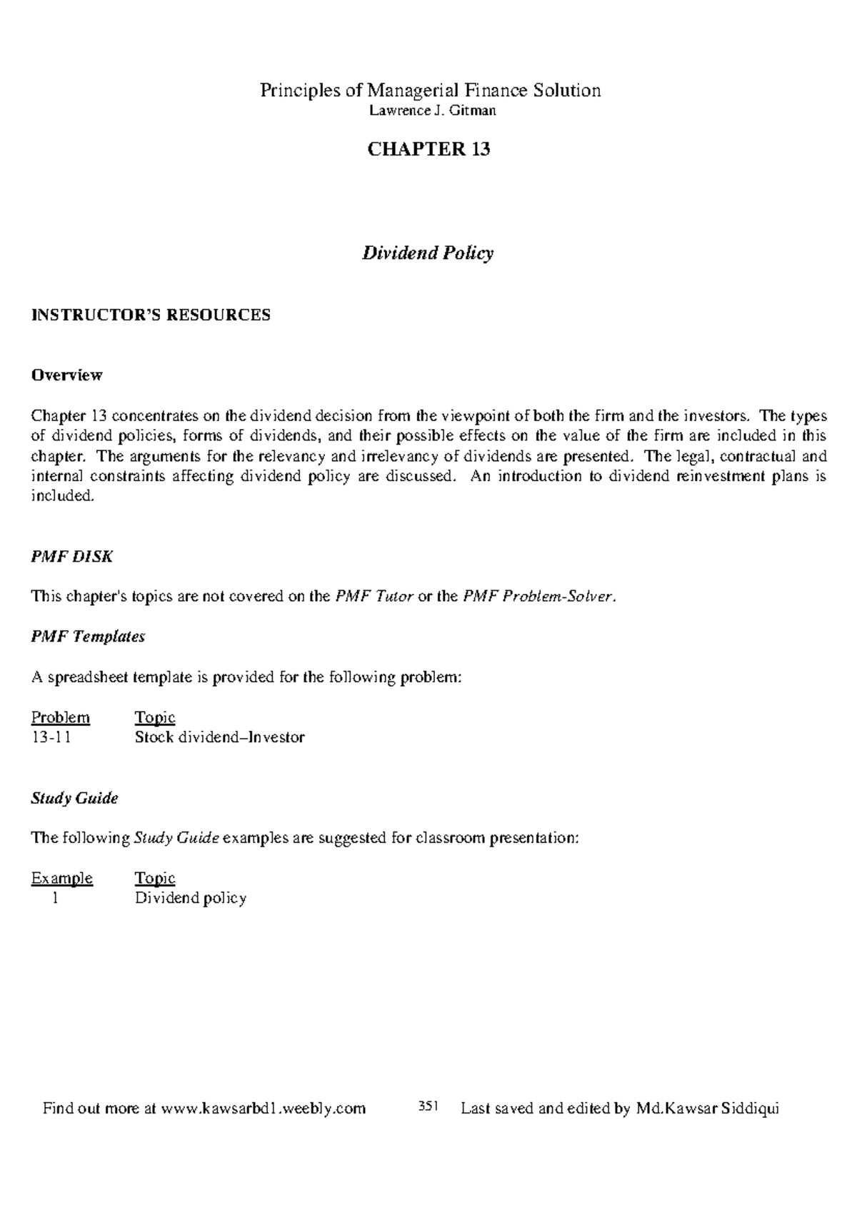 Chapter 13 - Dividend Policy Overview and Key Concepts - Studocu