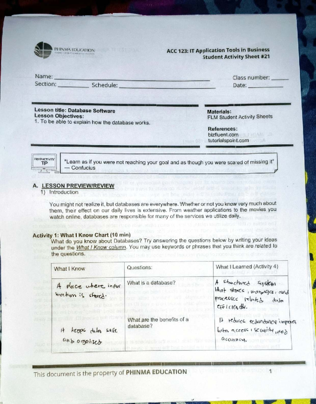 PHINMA EDUCATION ACC 123: Database Software Student Activity Sheet ...