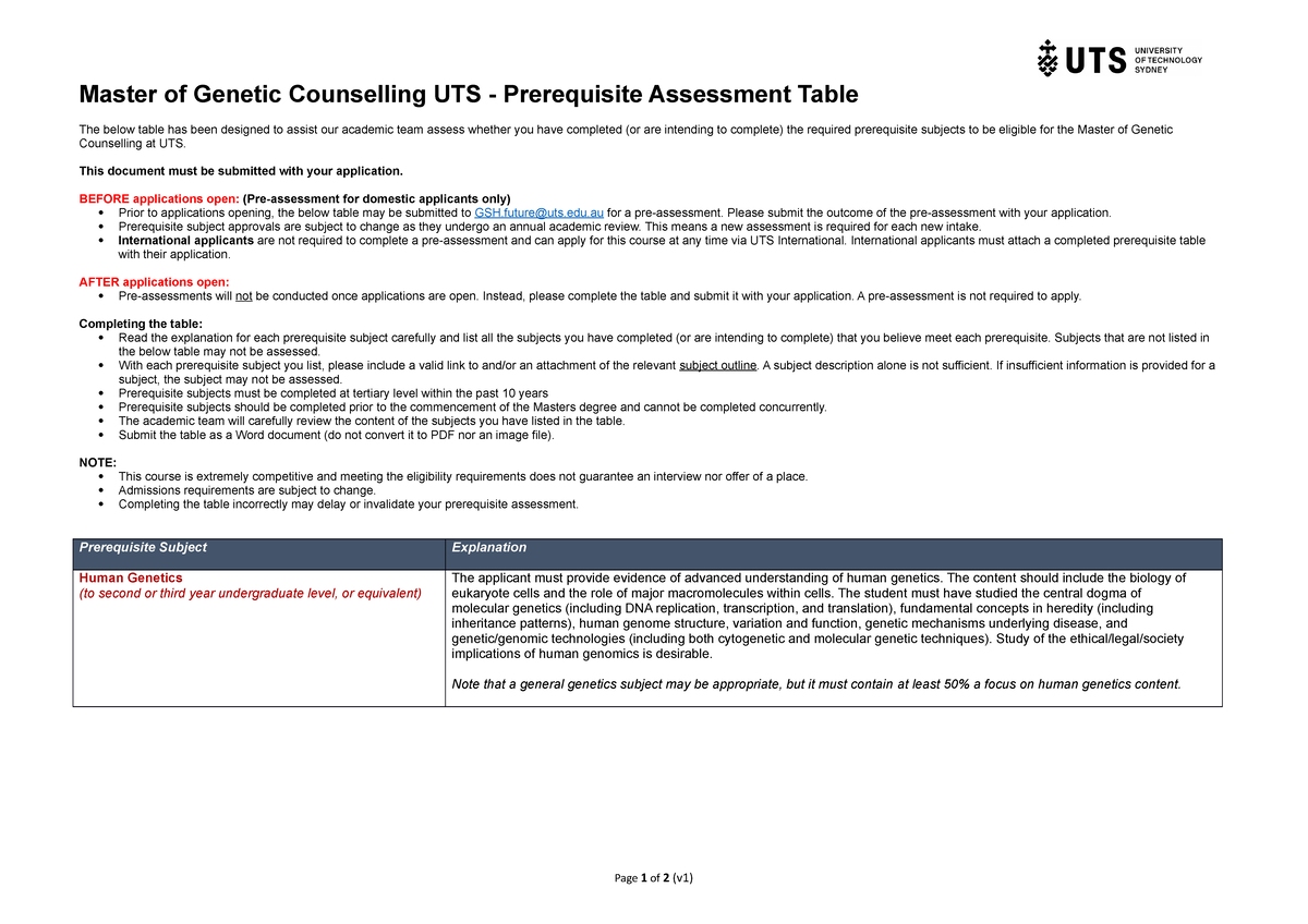 UTS Master of Genetic Counselling - Prerequisite Assessment Table - Studocu