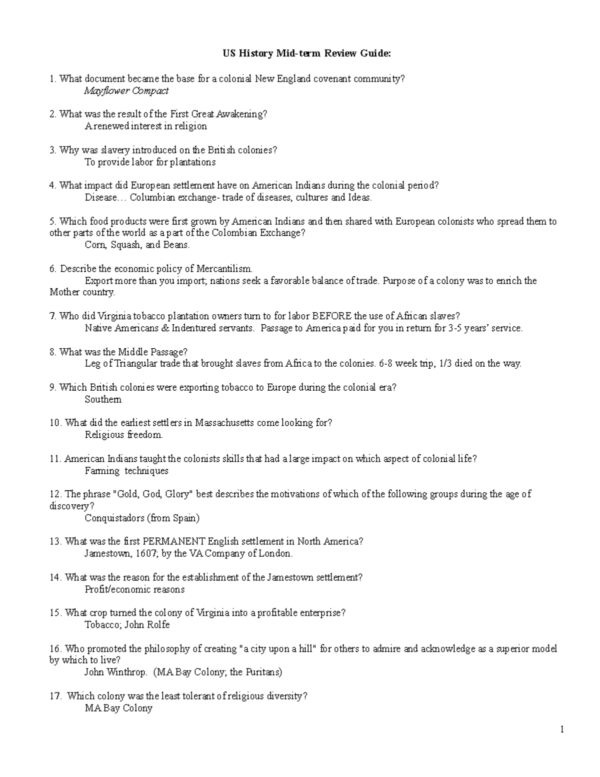 US History Midterm Review Packet: Key Concepts and Answers - Studocu