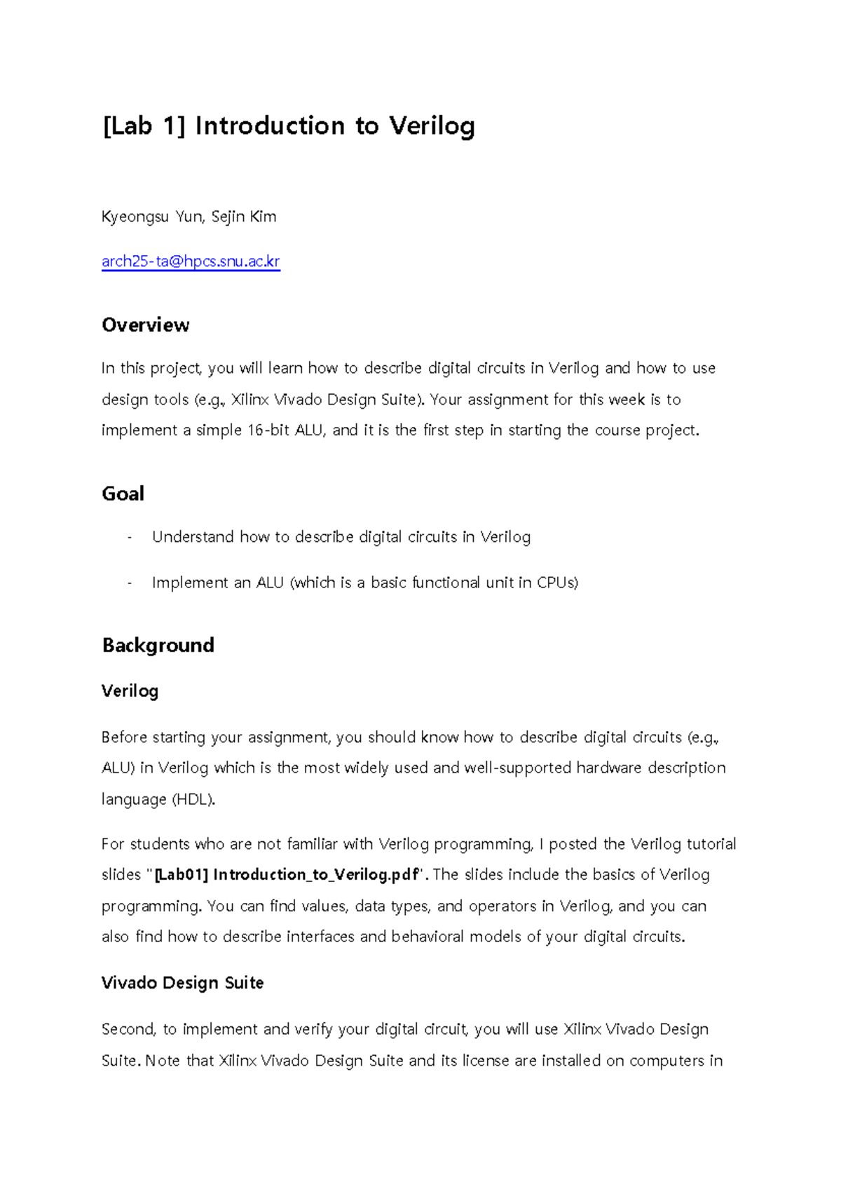 Lab01: Verilog ALU Design Assignment Overview - Studocu