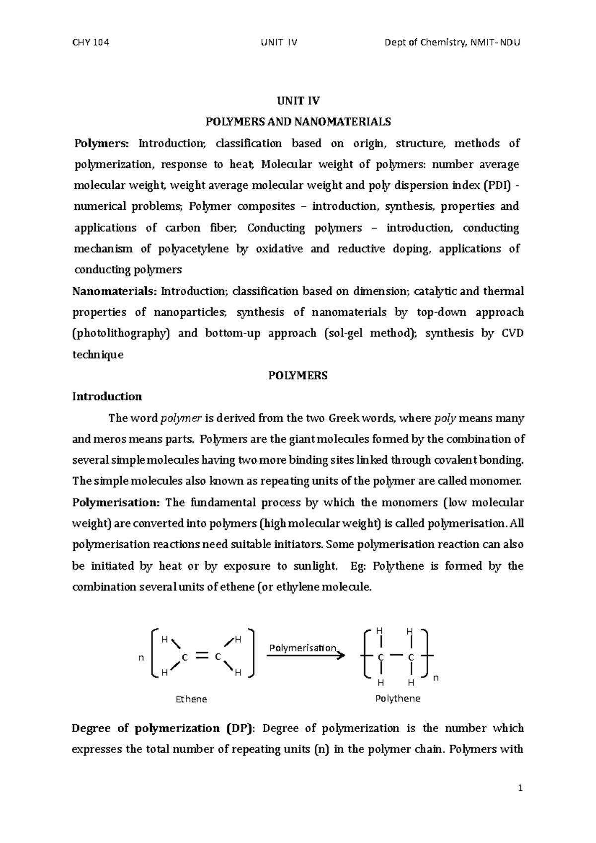 CHY 104 UNIT IV Final Exam Notes: Polymers and Nanomaterials - Studocu