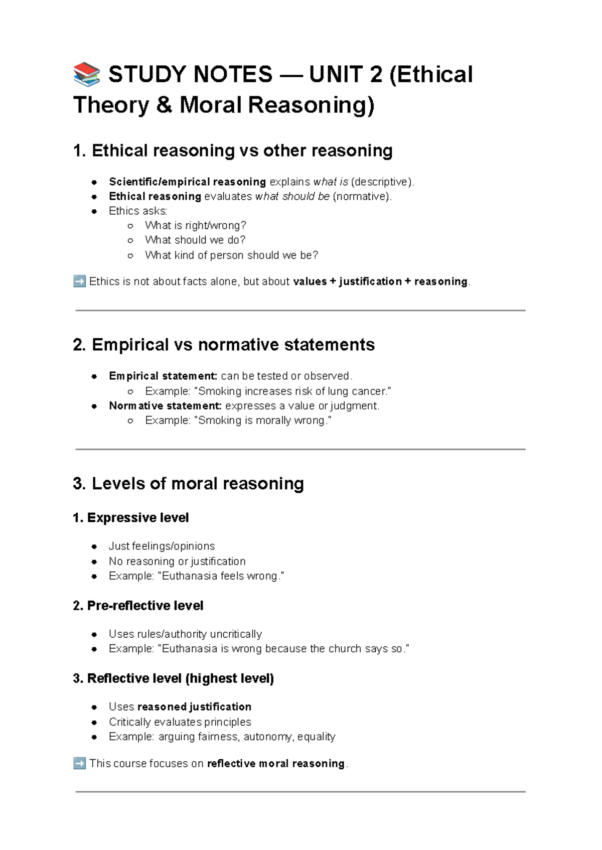 PHIL 102 - Unit 2 Study Notes on Ethical Theories and Moral Reasoning ...