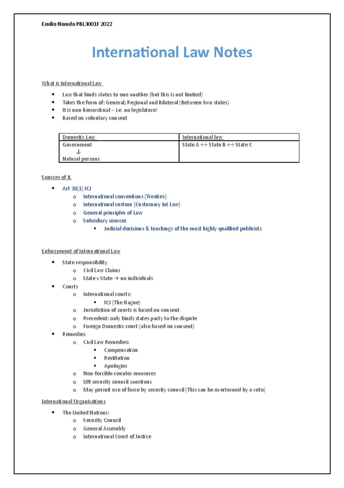 International Law Notes: Key Concepts, Sources, and Enforcement - Studocu