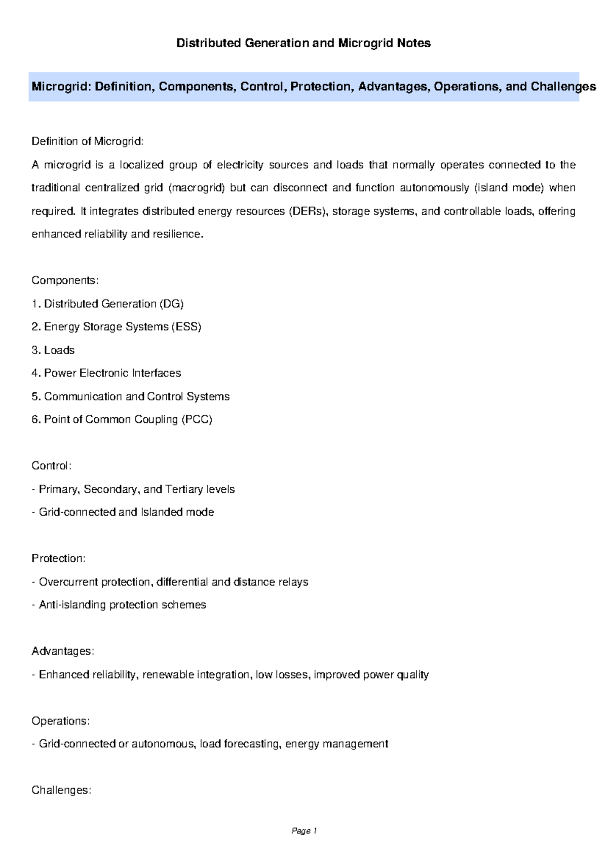 Microgrid Distributed Generation Notes Structure Control