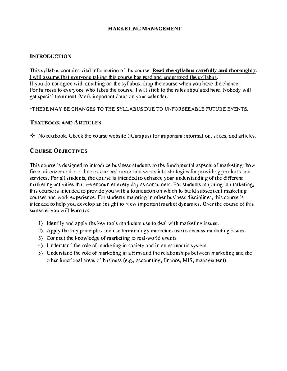 Marketing Management Syllabus: Course Outline & Grading Policies - Studocu