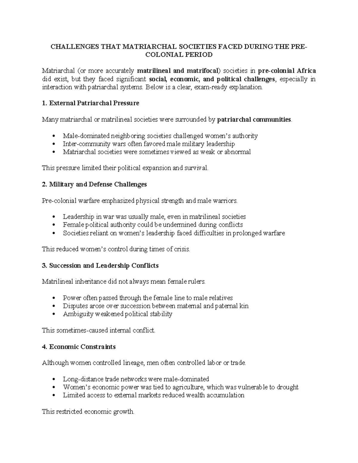 CHALLENGES FACED BY MATRIARCHAL SOCIETIES IN PRECOLONIAL AFRICA - Studocu