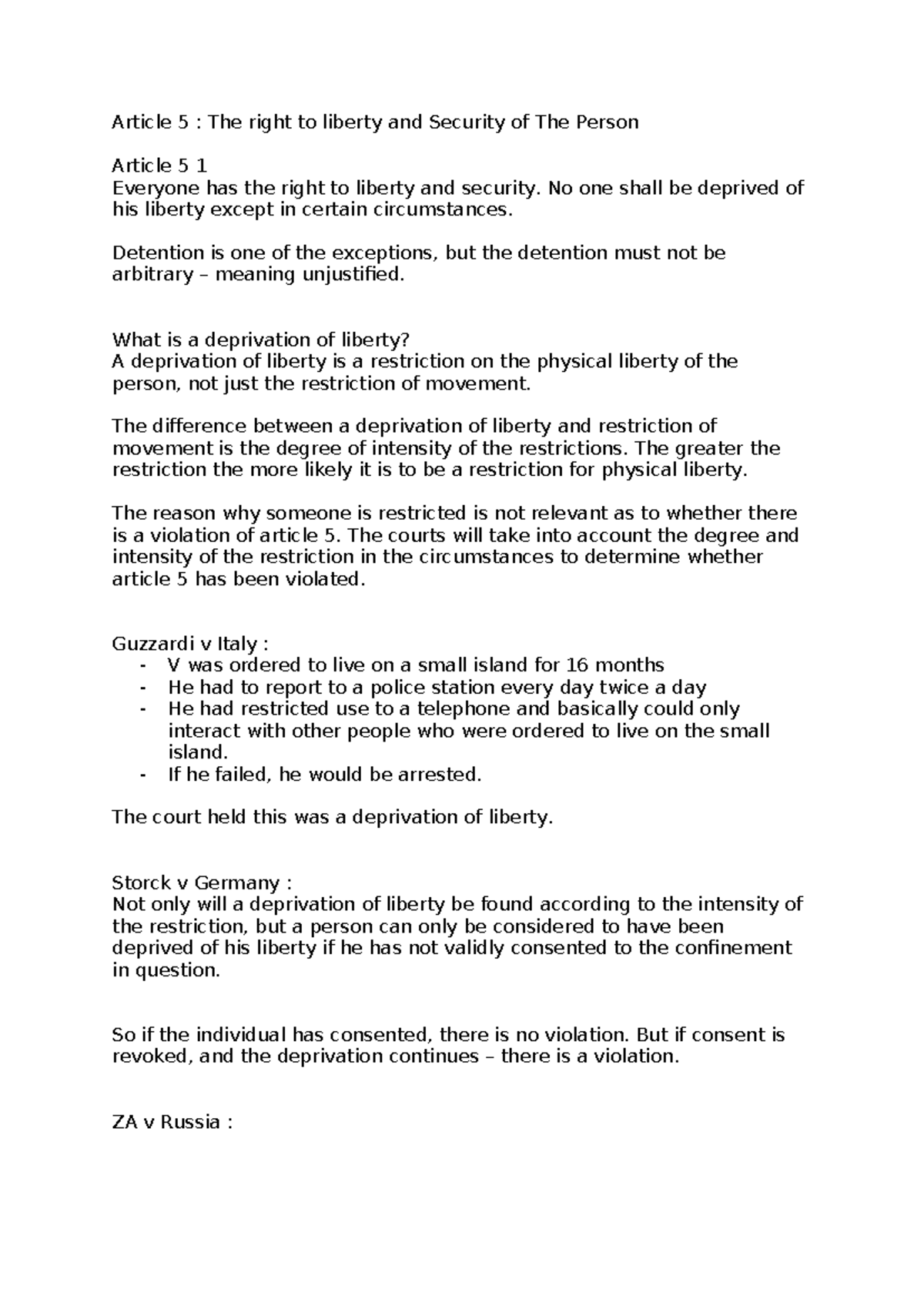 Article 5 - Article 5 : The right to liberty and Security of The Person ...