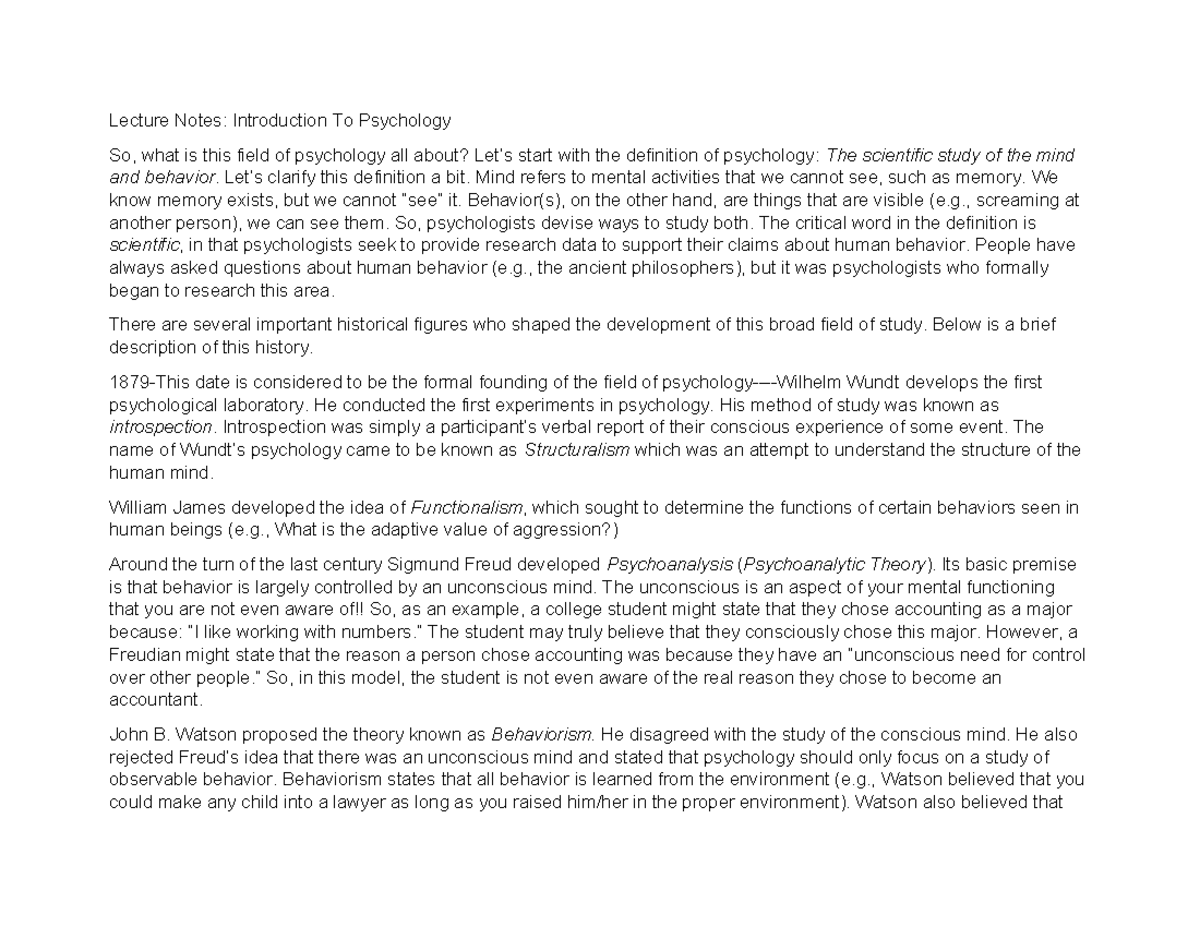 Chapter 1 Lecture Notes - Intro to Psychology Overview and Key Figures ...
