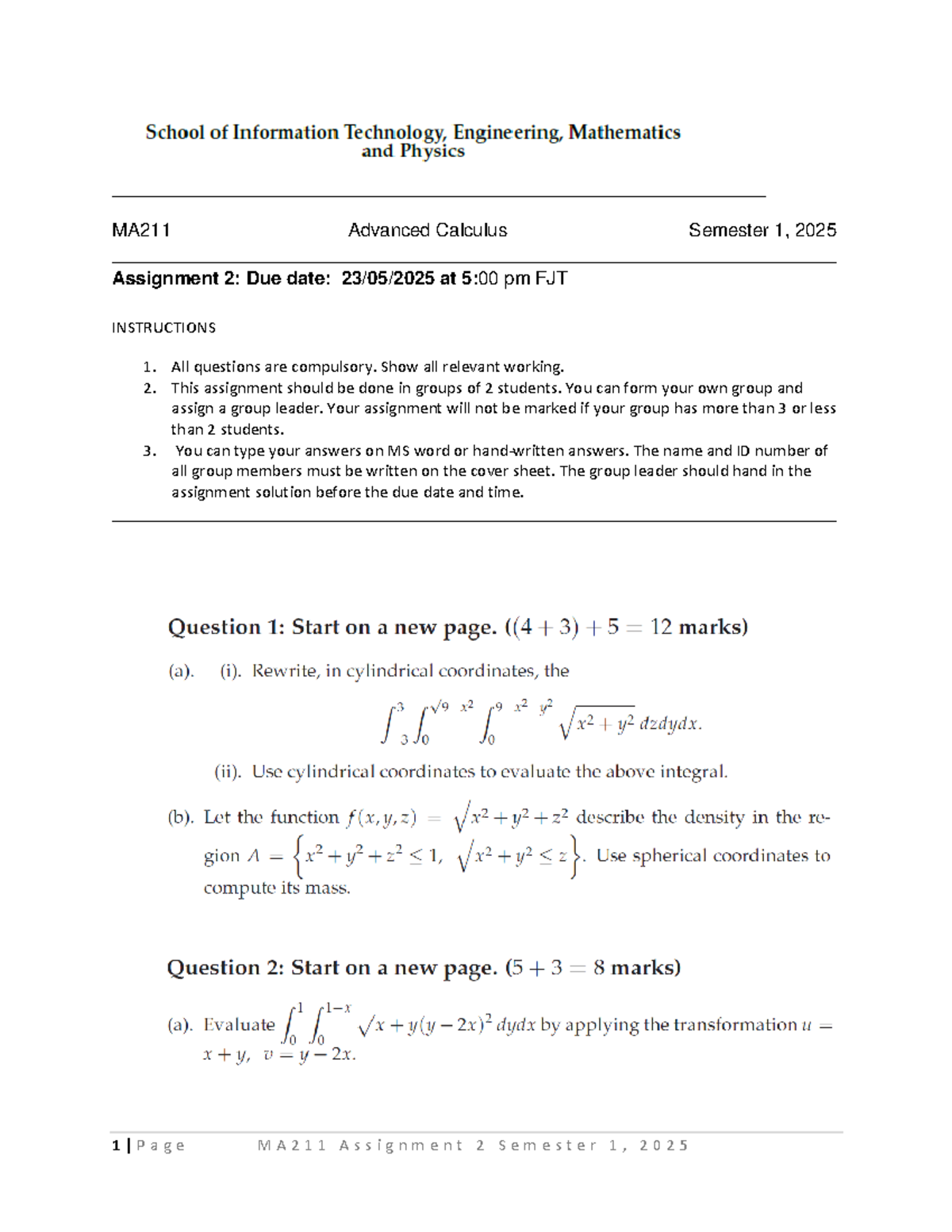 MA211 Advanced Calculus S1 2025 Assignment 2 Instructions - Studocu