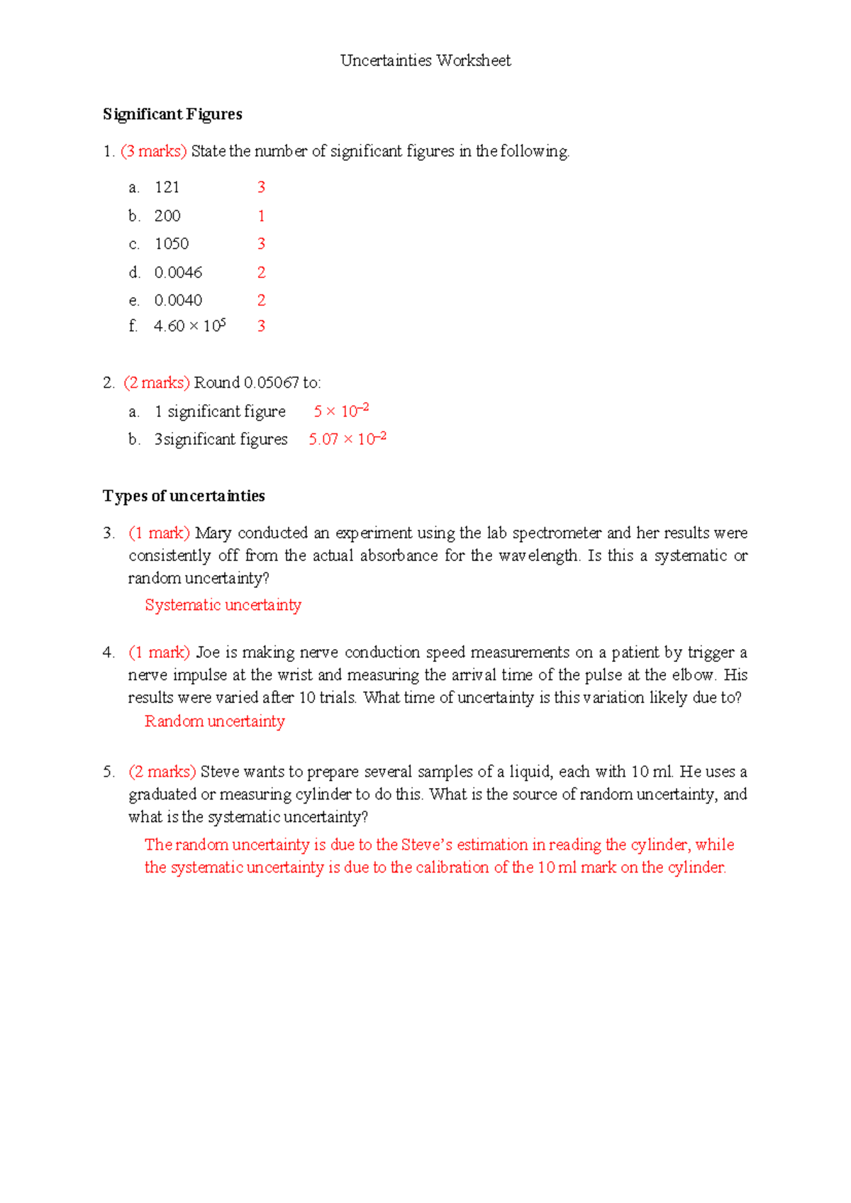 Uncertainties Worksheet: Significant Figures & Calculating ...