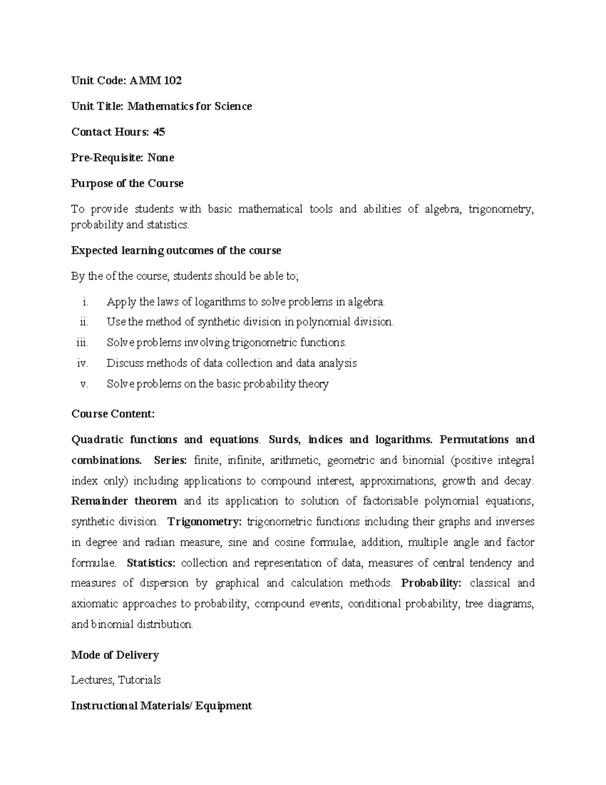 AMM 102: Summary of Mathematics for Science Course Content - Studocu