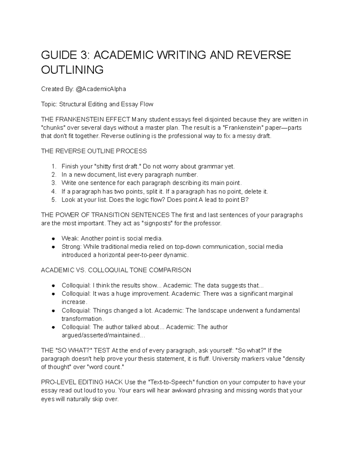 Guide 3: Academic Writing & Reverse Outlining Techniques - Studocu
