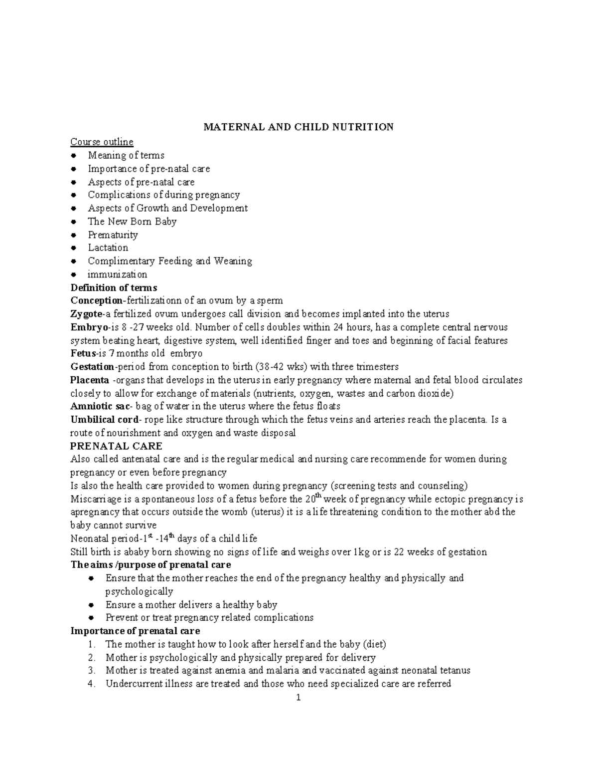 Maternal and Child Nutrition Notes (Course Code: MCH101) - Studocu