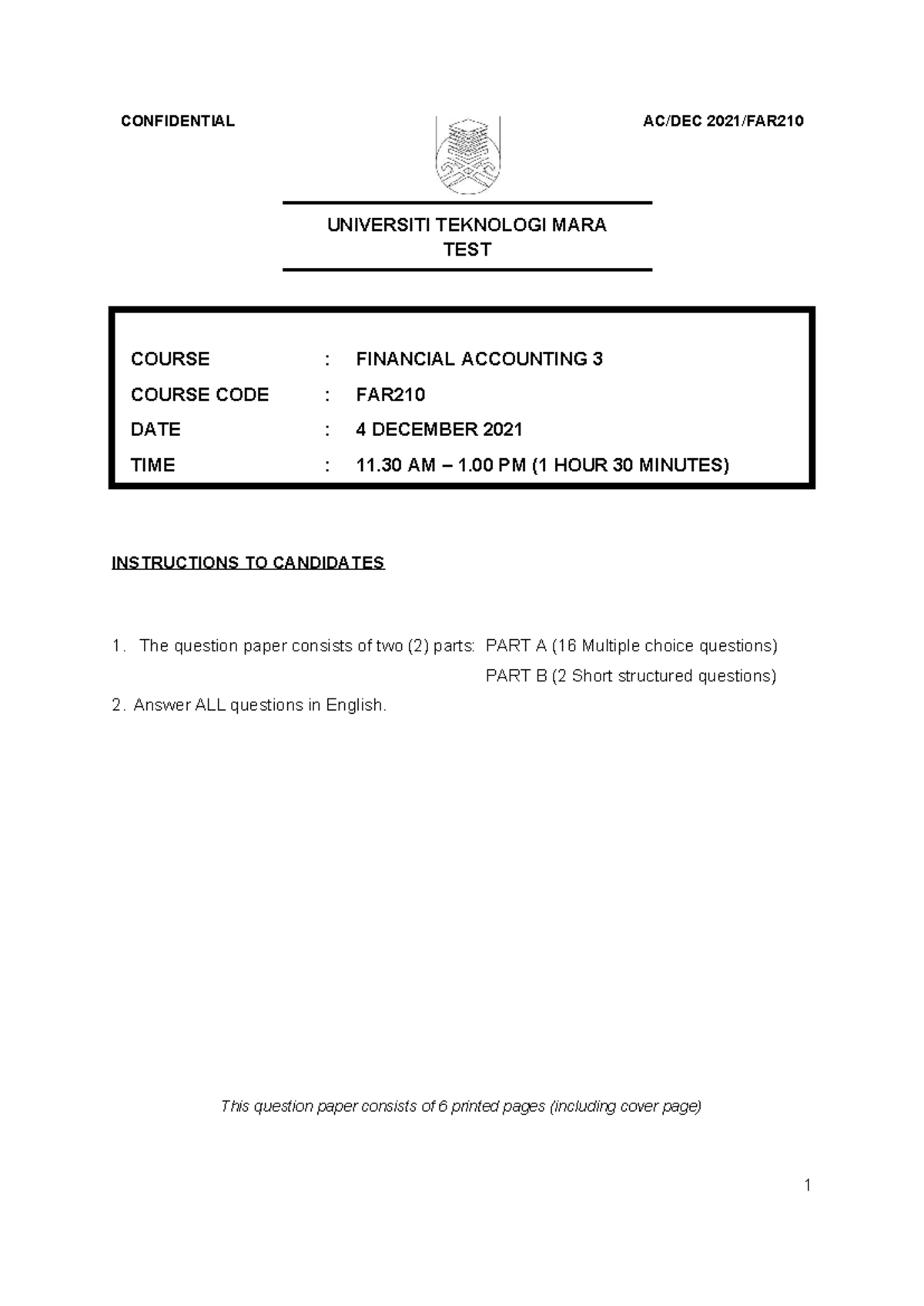 FAR210 Final Exam: Financial Accounting 3 Test Paper (Dec 2021) - Studocu