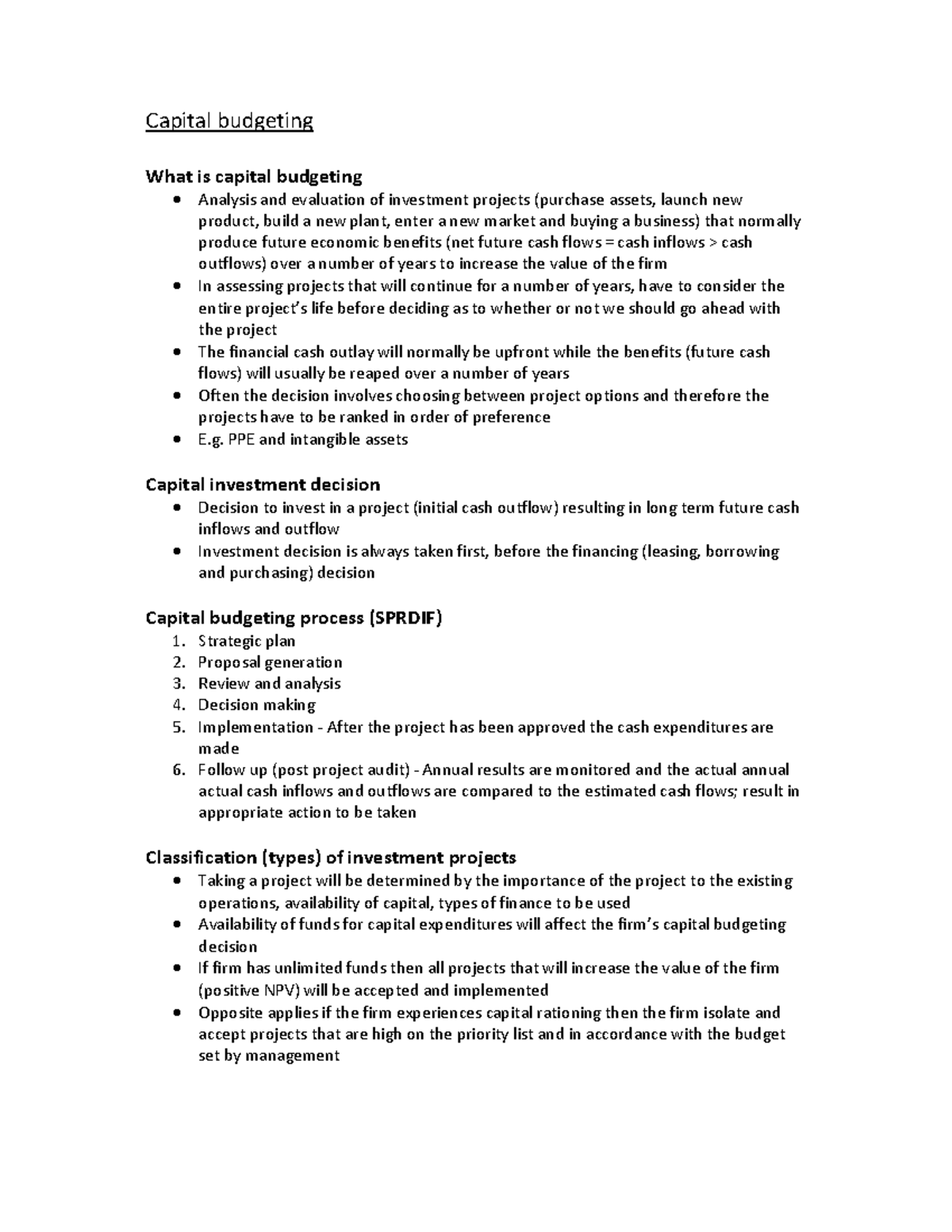 Capital Budgeting (FIN 301) - Comprehensive Notes and Template - Studocu