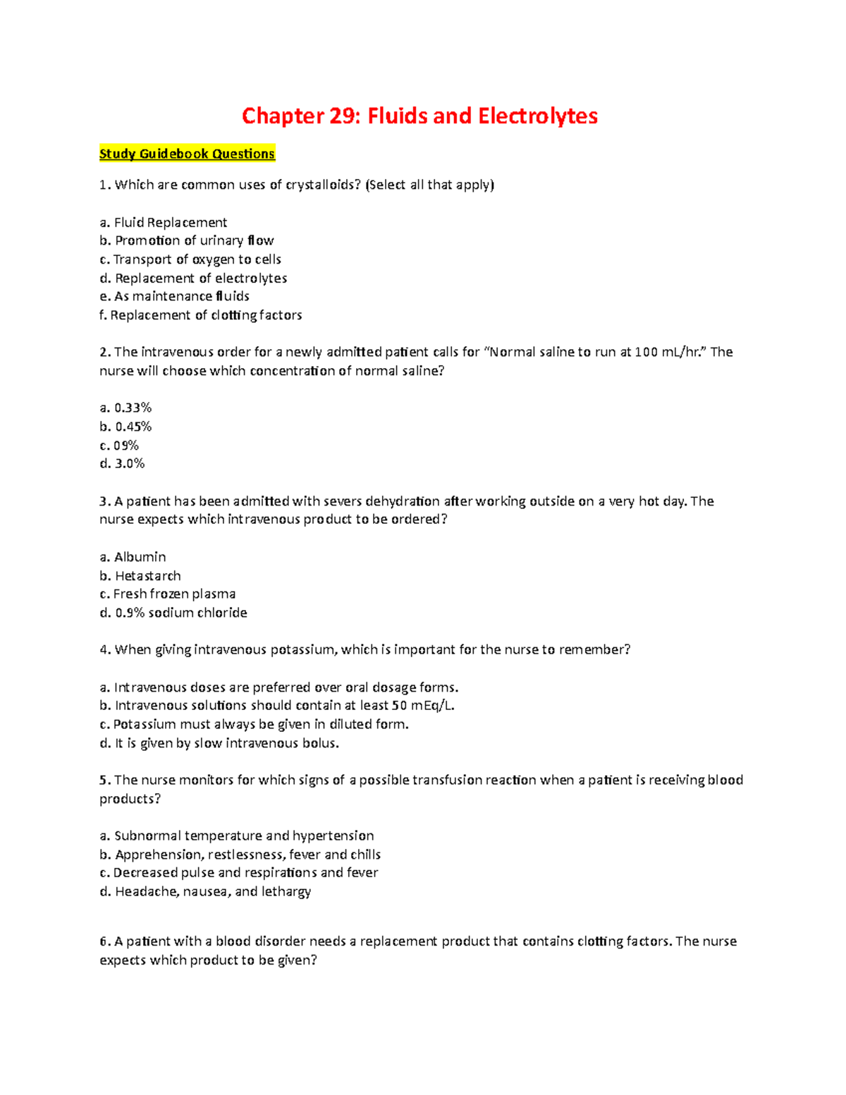 Chapter 29 Fluids and Electrolytes Study Guide Questions - Chapter 29 ...