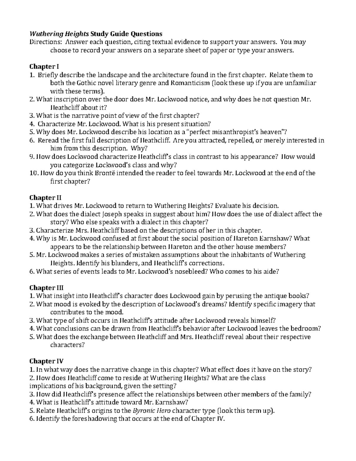 Wuthering Heights (ENG 301) Study Guide Questions: Character & Themes ...