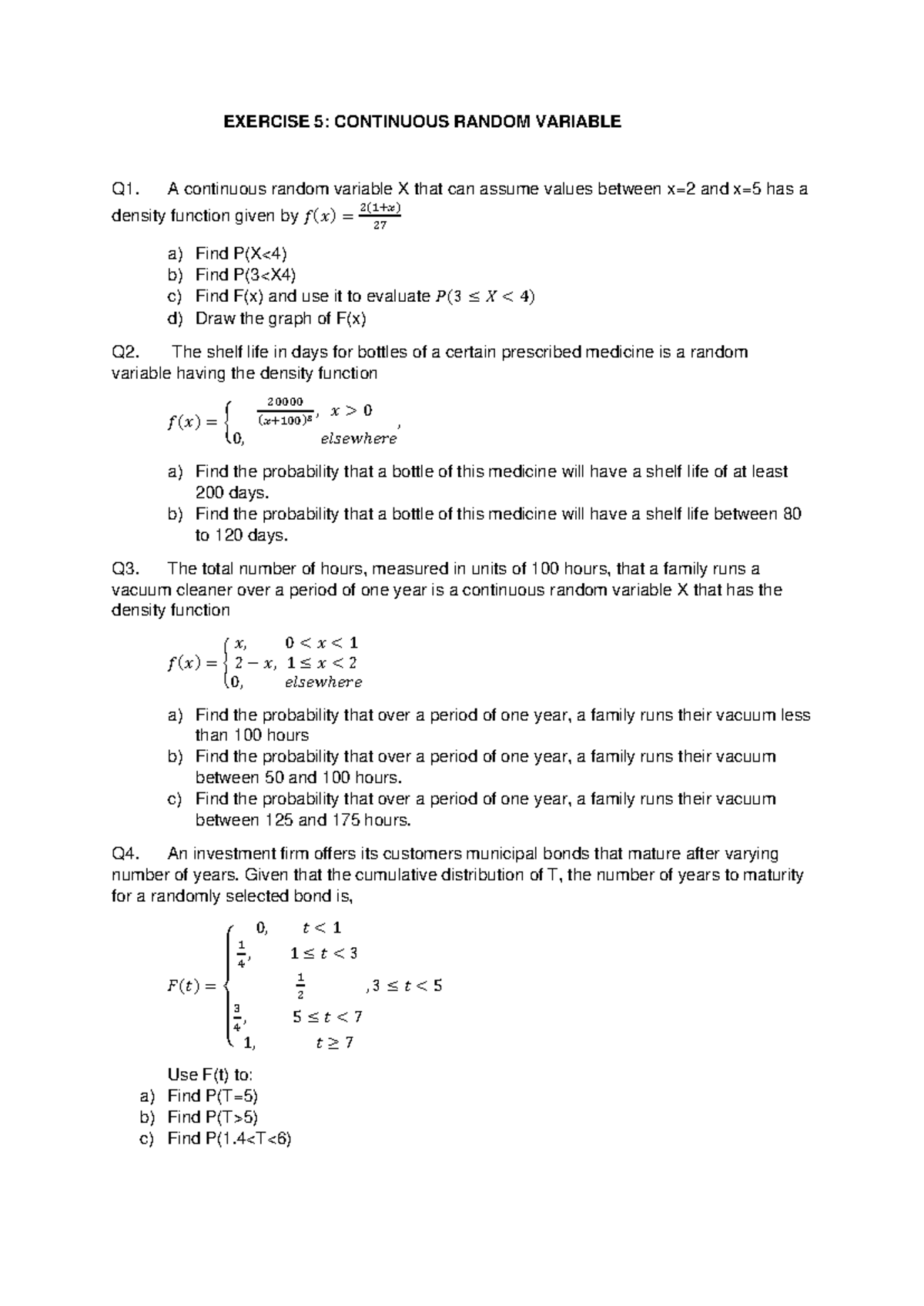 Continuous Random Variables & Probability Calculations - EXER 5 - Studocu