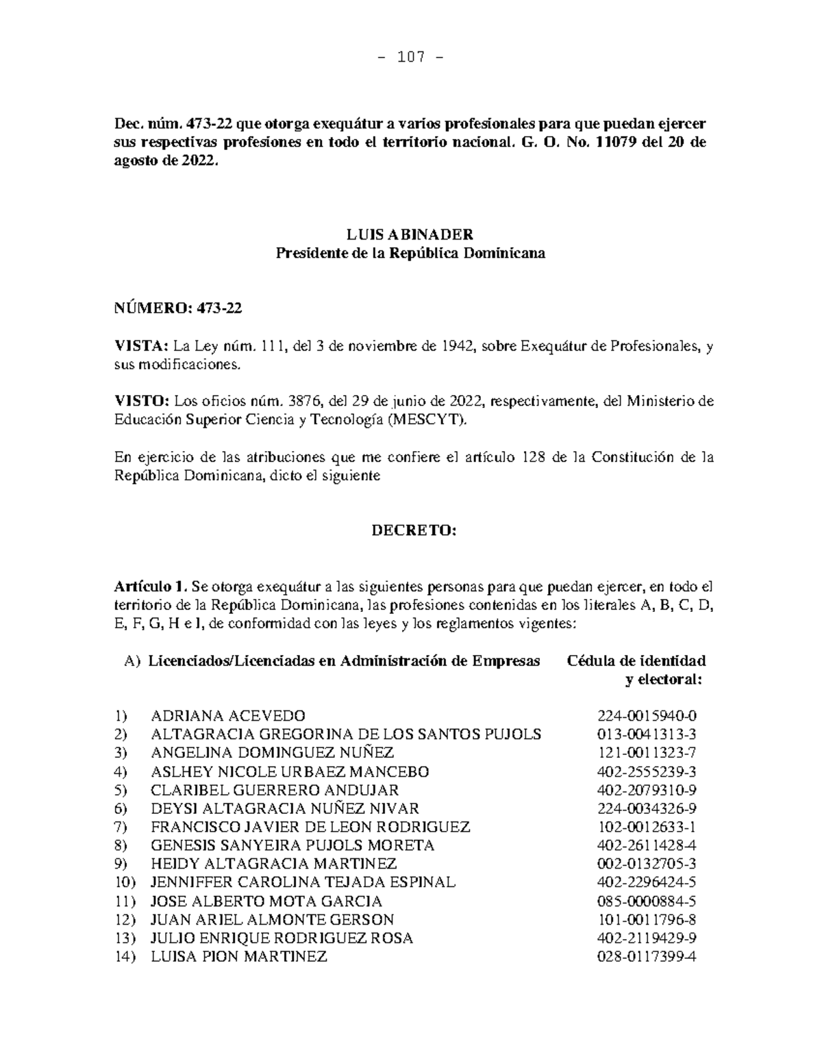 Decreto 473-22: Exequátur para Profesionales en RD, G. O. No. 11079 ...