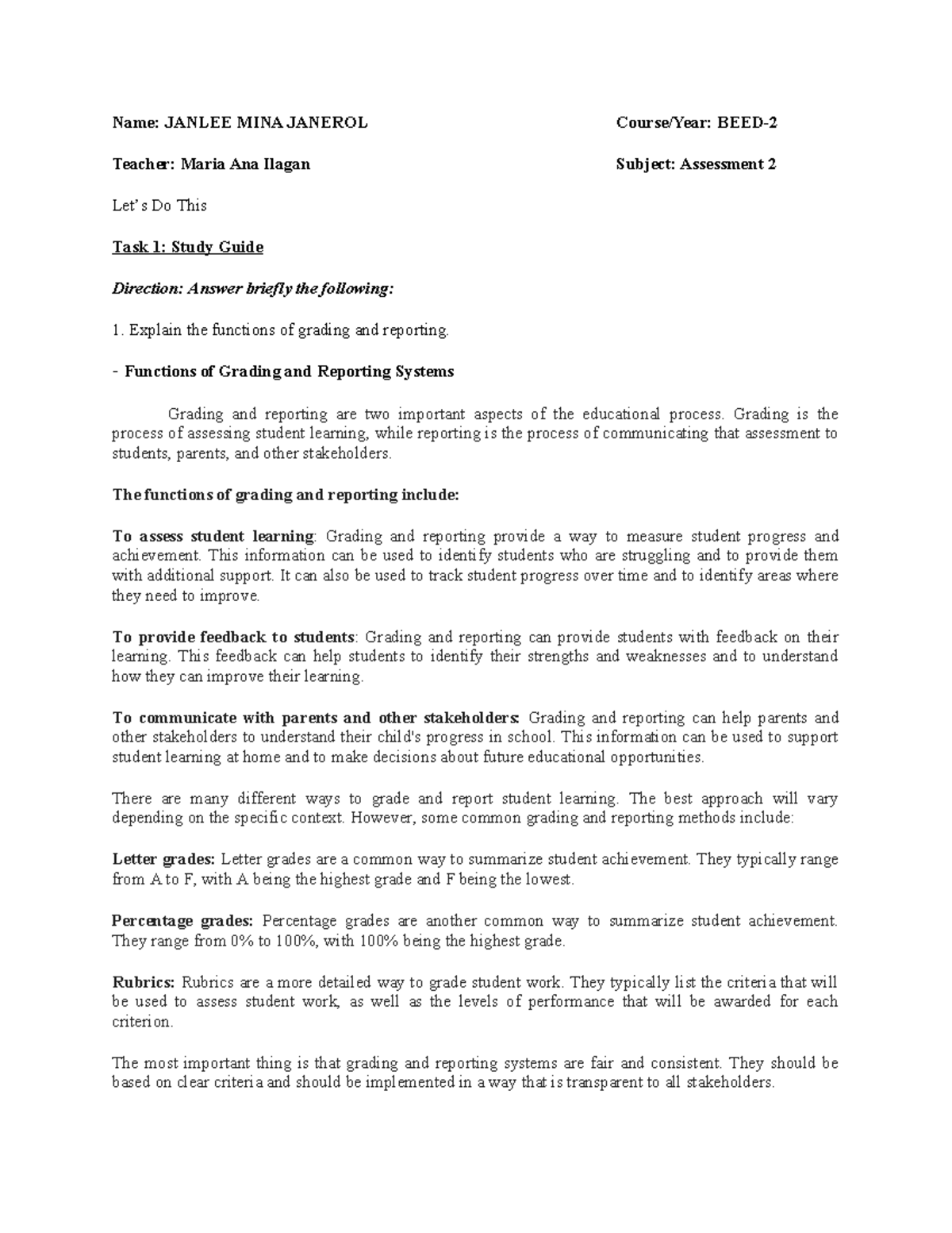 Module 5 Task 1 - Assessment of Learning in BEED Course - Studocu