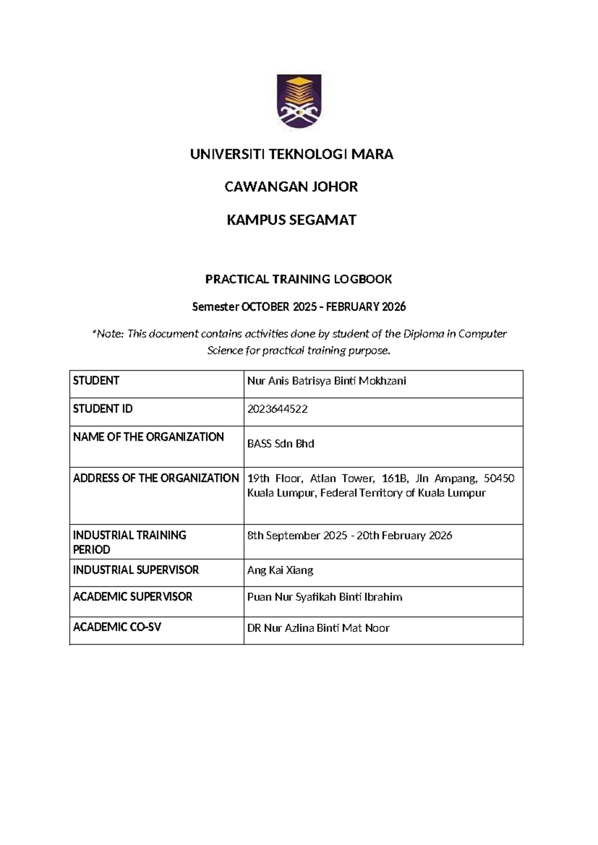UTM JH Practical Training Logbook: Diploma in Computer Science (2025 ...