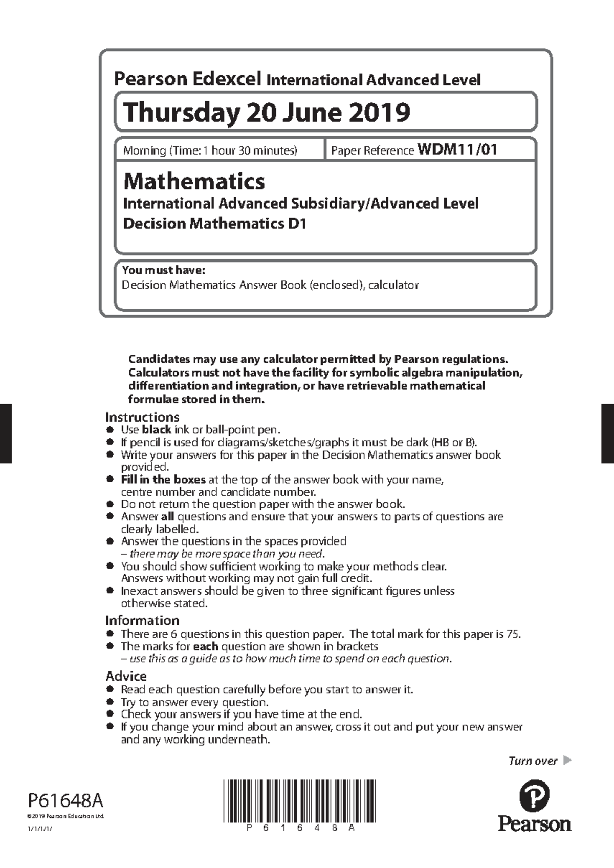 WDM11 01 Decision Mathematics D1 Exam Paper - June 2019 - Studocu