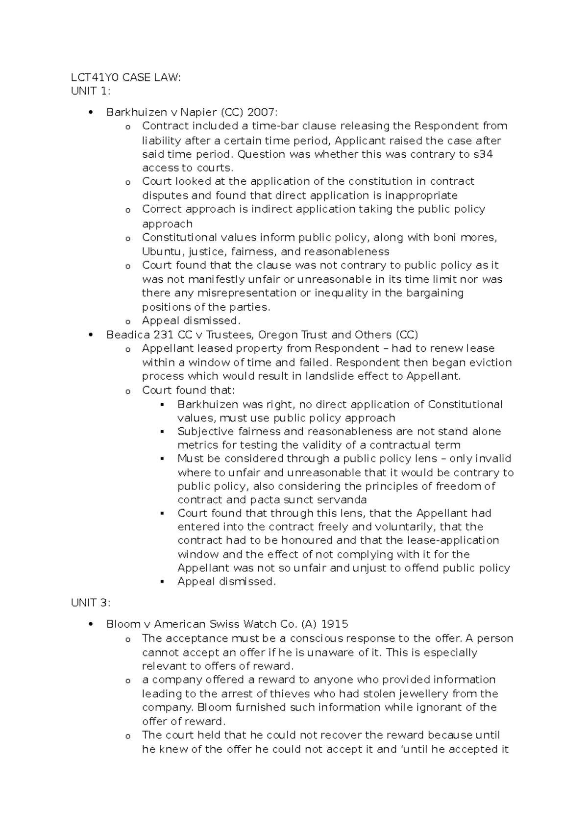 LCT41Y0 CASE LAW - Summary of Contract Law Principles and Cases - Studocu