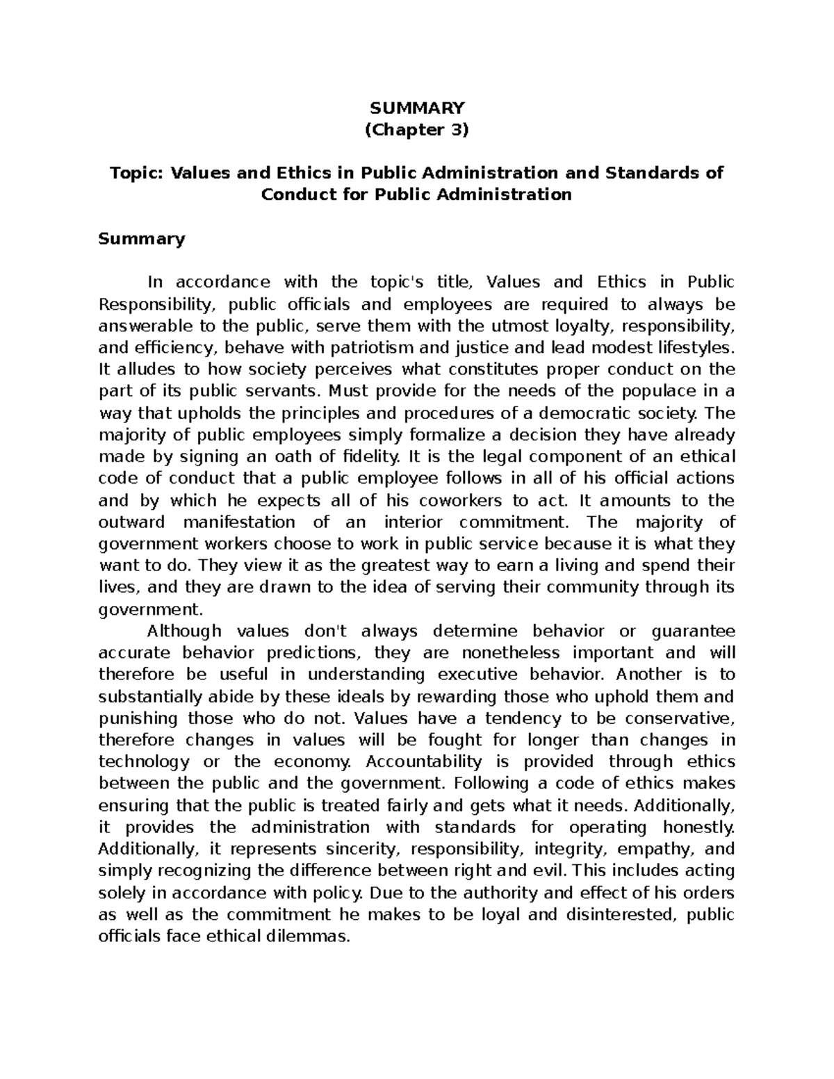 Values and Ethics in Public Admin: Standards of Conduct Summary - Studocu