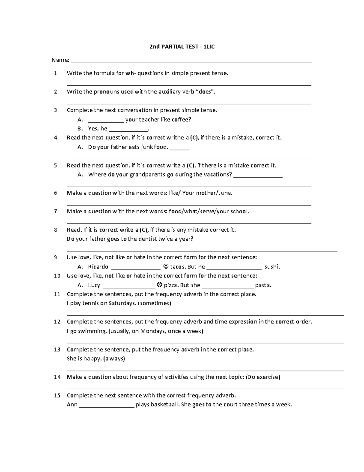 2nd Partial Test 1LIC - Present Simple Tense Exercises and Questions ...