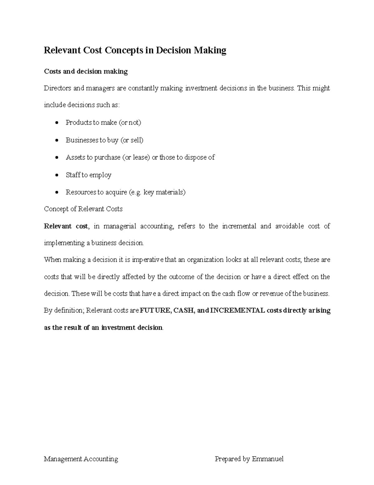 Lecture 7: Key Concepts on Relevant Costs in Decision Making - Studocu