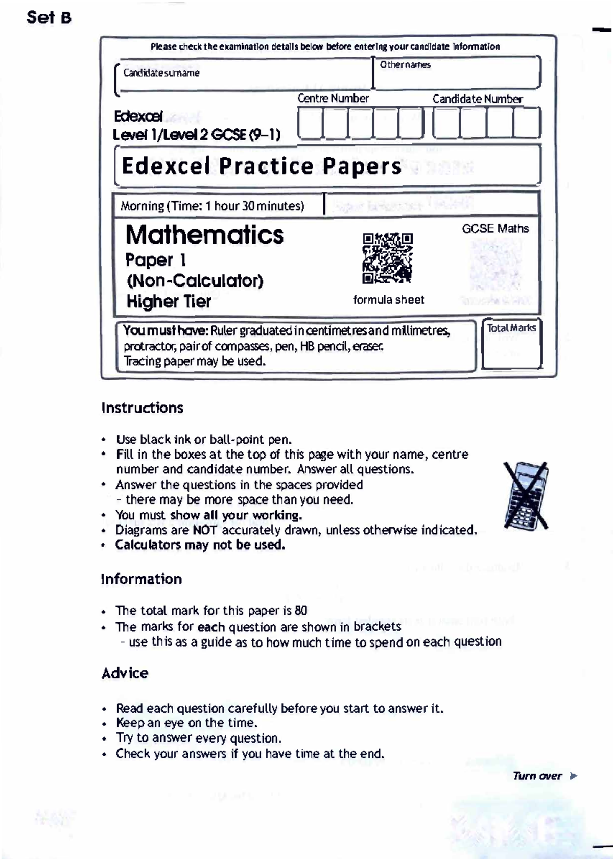 Set B GCSE Maths Paper 1 - Higher Tier Exam Details - Studocu