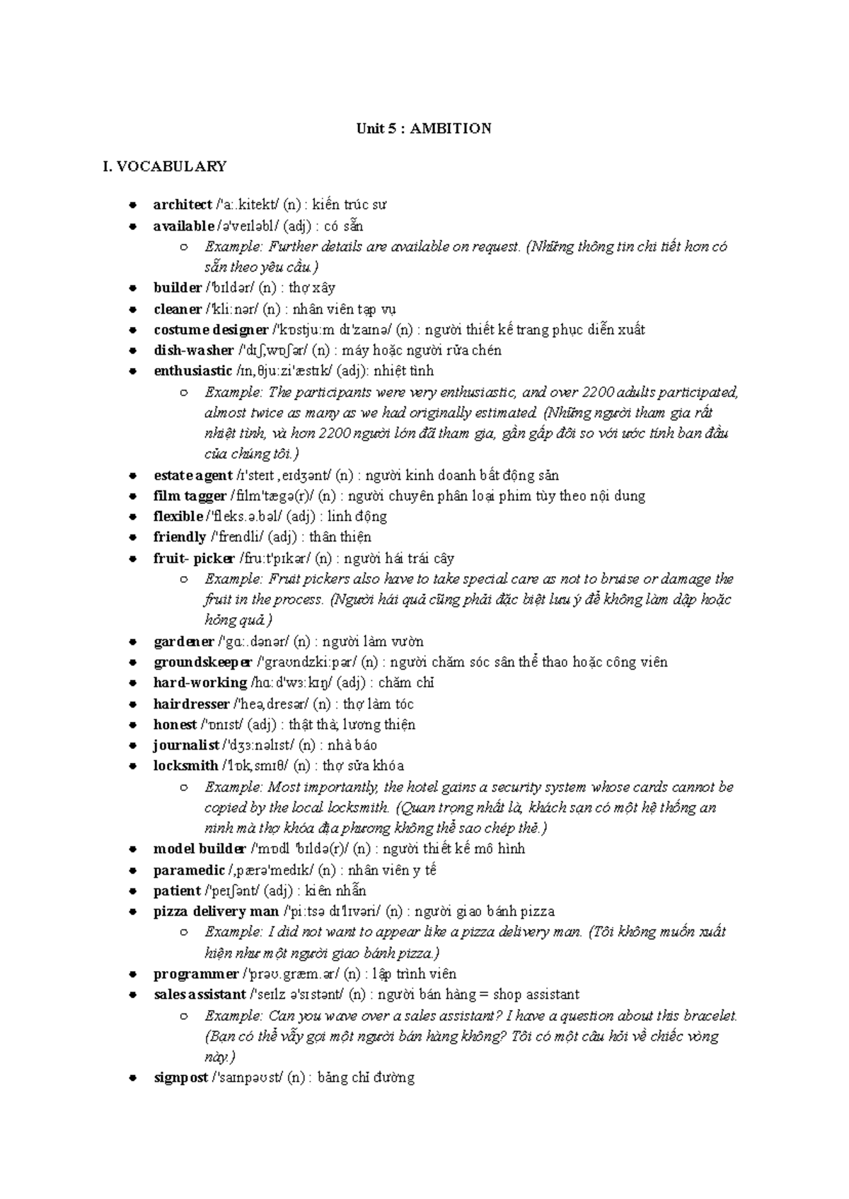 Unit 5 Vocabulary: AMBITION and Related Terms - Studocu