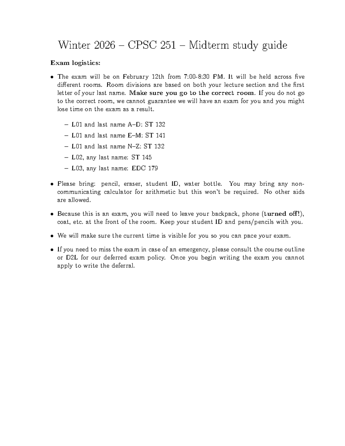 Winter 2026 CPSC 251 Midterm Study Guide & Exam Logistics - Studocu