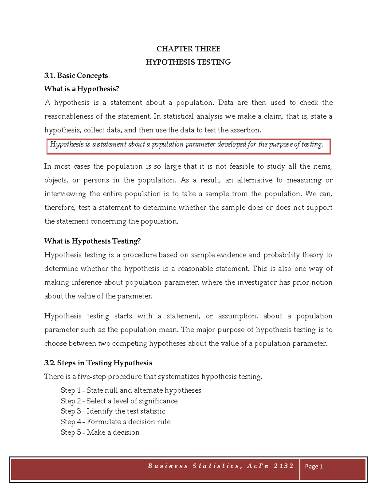 Buss. Stat - Chapter 3: Hypothesis Testing Concepts and Procedures ...