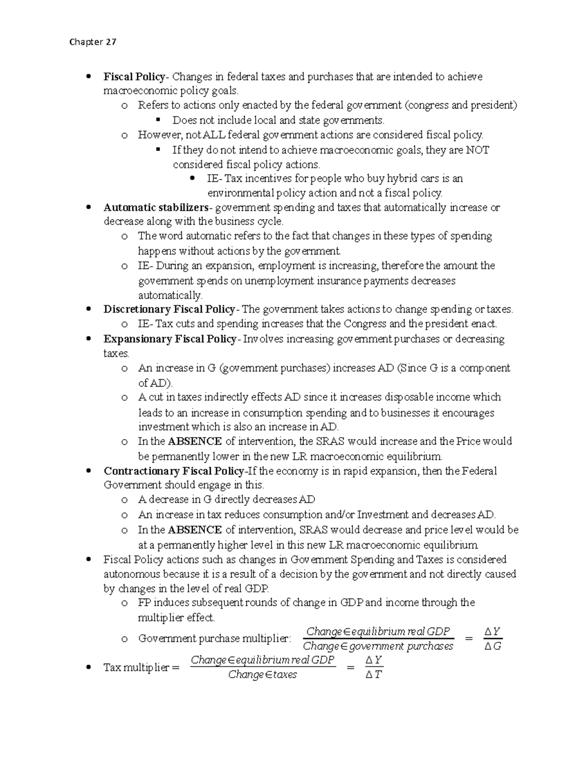 Chapter 27 Notes: Fiscal Policy Changes and Economic Impact - Studocu