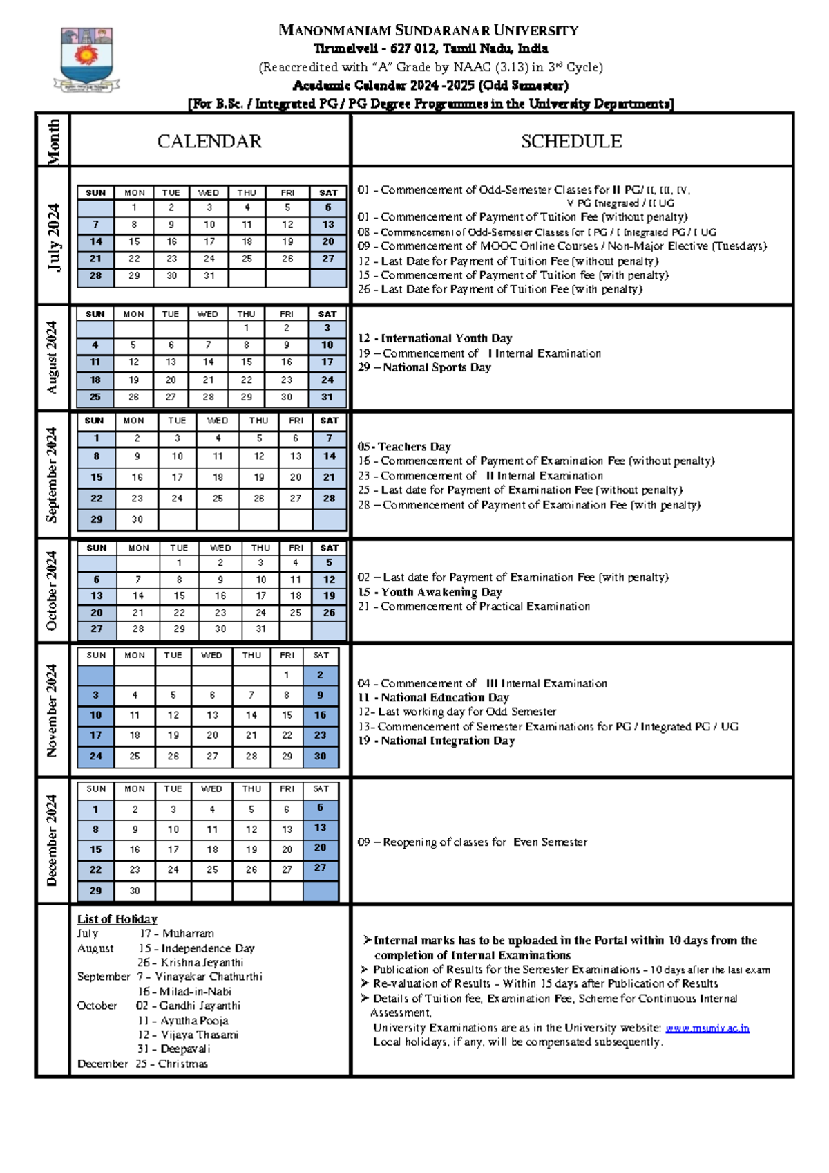 B.Sc. Integrated PG Academic Calendar 2024-25 (Odd Semester) - Studocu