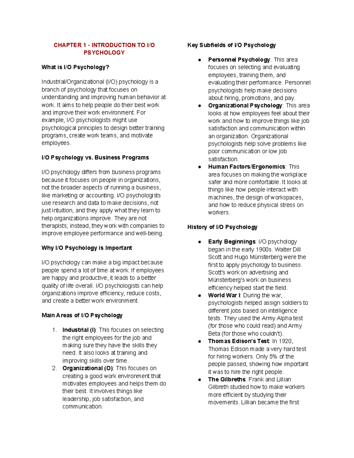 I/O Psychology Overview: Key Concepts & Historical Insights - Studocu