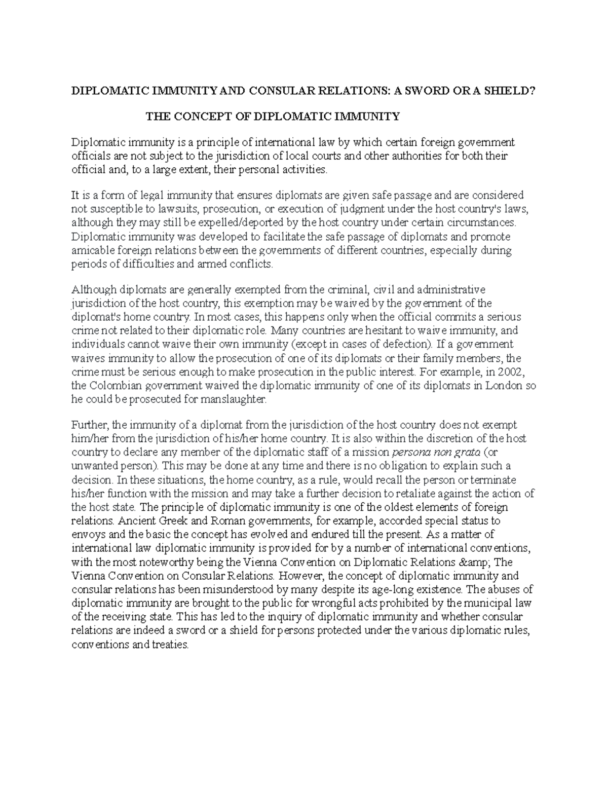 Diplomatic Immunity vs. Consular Relations: Legal Protections Examined ...