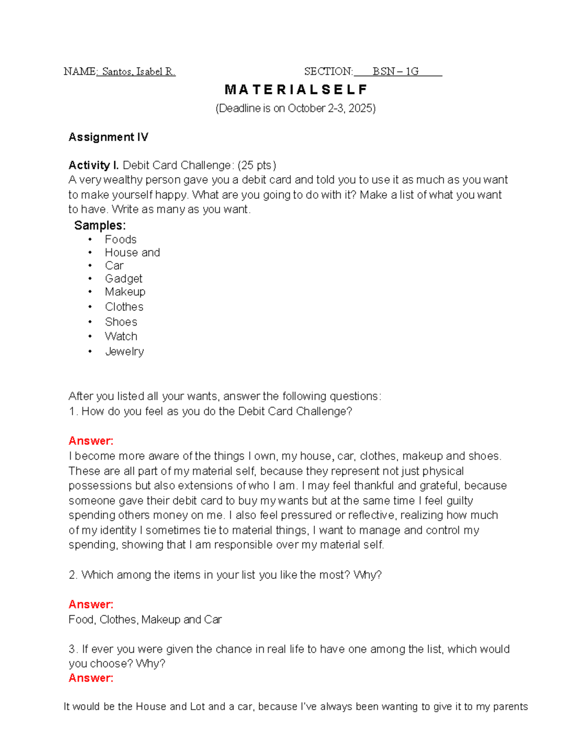 UTS BSN 1G Assignment IV: Material Self & Debit Card Challenge - Studocu