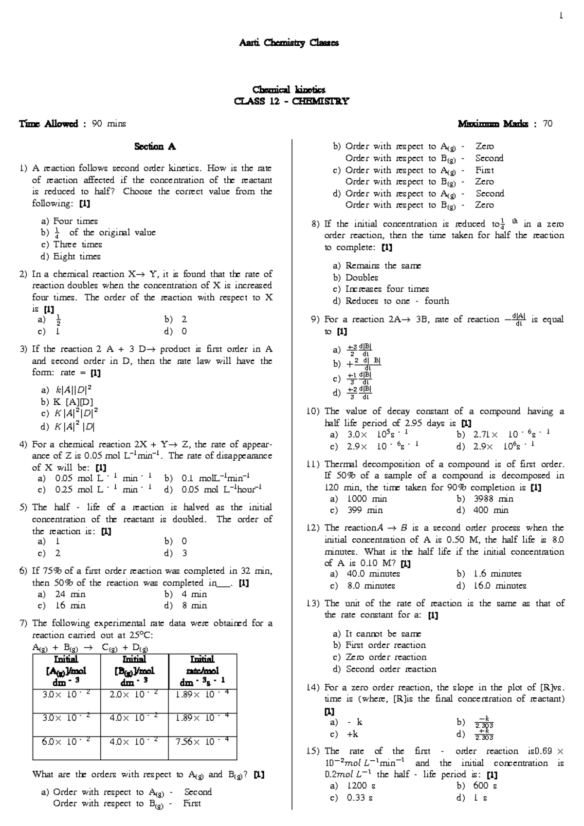 Chemical Kinetics Test - Class 12 Chemistry (90 mins, 70 Marks) - Studocu